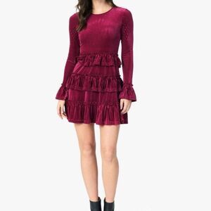 The Fifth Label Adore Velvet Ruffle Mini Dress in Cherry, Size XS